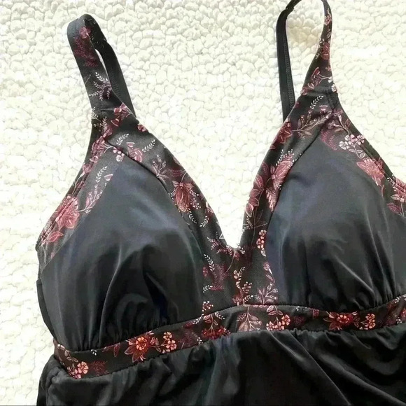 Swim By Cacique Black/Floral Tummy Control Deep V Tankini Swimming Suit Size 16 - Picture 2 of 12